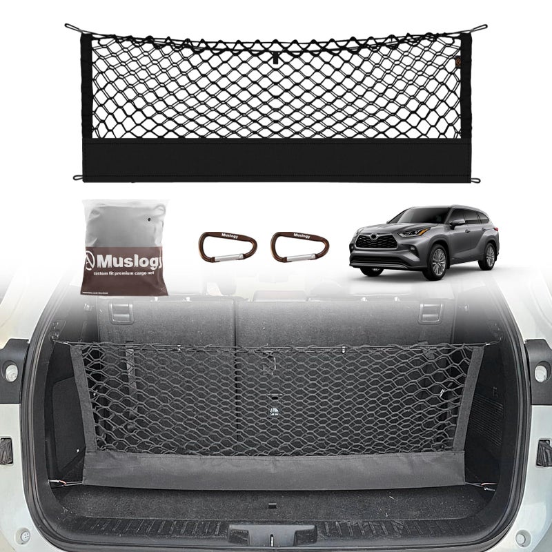 Muslogy Envelope Style Trunk Cargo Net Compatible with 2014-2025 Toyota Highlander Accessories Custom Fit Trunk Organizer Upgraded Mesh Storage Luggage Net with Metal Hooks - Image 1